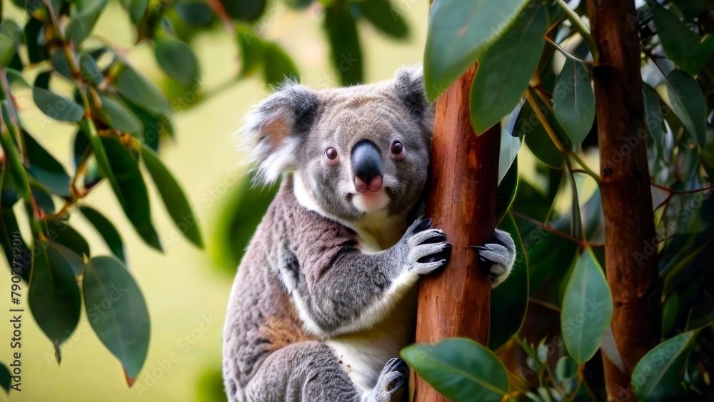 Fototapeta premium Endearing koala resting amidst eucalyptus foliage. Vivid close-up of a fluffy Australian marsupial. Concept of wildlife conservation, natural habitats, and adorable animal.