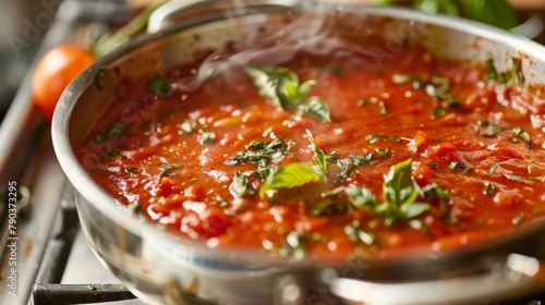 Tomato pasta sauce: A pot of homemade tomato pasta sauce simmers on the stove, thick and rich with the flavors of fresh tomatoes and herbs. photo
