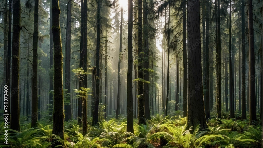 Naklejka premium Serene misty forest with sunlight filtering through trees