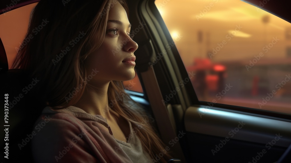 A woman with long hair sits on a car seat and looks out the window. The sun is setting and the street lights are on.