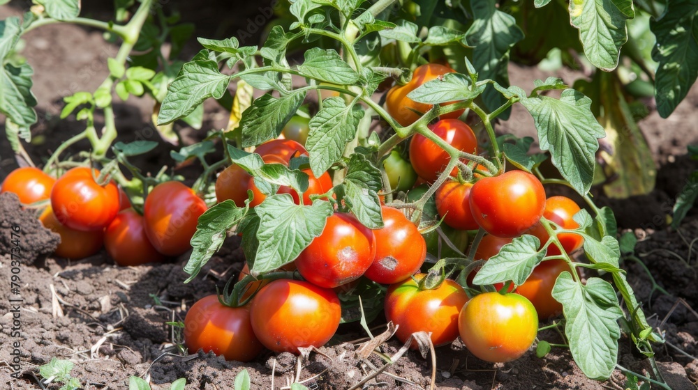 Tomato plant in the garden: A healthy tomato plant thrives in the garden, its branches heavy with ripe fruit just waiting to be picked.