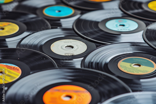 Close-up of a collection of vintage vinyl records with vibrant and retro album covers