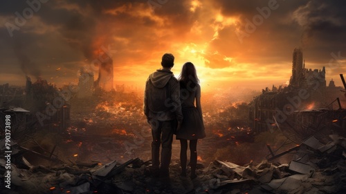 A man and a woman stand on a pile of rubble. The sky is orange and filled with smoke. The sun sets and the city behind them lies in ruins.