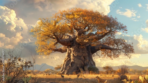 Tower of life: A colossal baobab tree looms large against the African savannah, its massive trunk a sanctuary for myriad forms of wildlife. photo