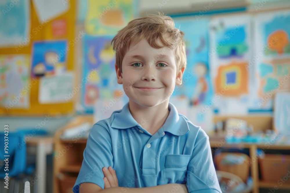 A young boy wearing a blue shirt is standing with his arms crossed in front of him. He is smiling at the camera. The room behind him has colorful posters on the walls and multiple chairs and a table. A young boy wearing a blue shirt is standing with his arms crossed in front of him. He is smiling at the camera. The room behind him has colorful posters on the walls and multiple chairs and a table.