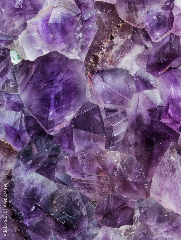Textured amethyst crystal cluster macro shot - Macro shot revealing the rich textures and varying hues of purple within a tightly packed amethyst crystal cluster Textured amethyst crystal cluster macro shot - Macro shot revealing the rich textures and varying hues of purple within a tightly packed amethyst crystal cluster