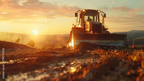 Sunset silhouette of construction dozer working - Silhouette of a bulldozer at work in a construction area with the sunset in the background, depicting industry and the end of a workday © Tida