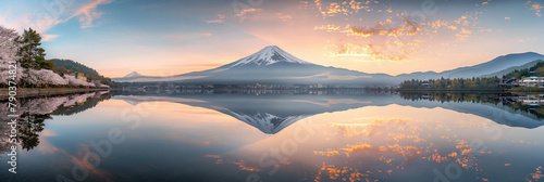 Sunrise Reflection of Mount Fuji at Lake Kawaguchi photo
