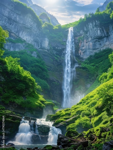 Sunlit waterfall amidst vibrant green foliage - Sunbeams penetrate the lush forest illuminating a spectacular waterfall cascading into a serene pond