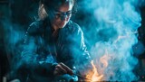 Female Blacksmith in Focused Metal Crafting Amidst Fiery Smoke