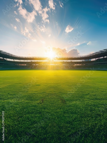 Sunset over a serene soccer field stadium - The sun sets radiantly over the green grass of an empty soccer stadium, promising a calm evening