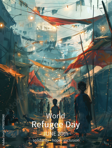 Amidst a labyrinth of tarps and flickering lights, children stand as beacons of hope in a refugee camp that buzzes with life's persistence under a twilight canopy. photo