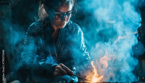 Female Blacksmith in Focused Metal Crafting Amidst Fiery Smoke photo