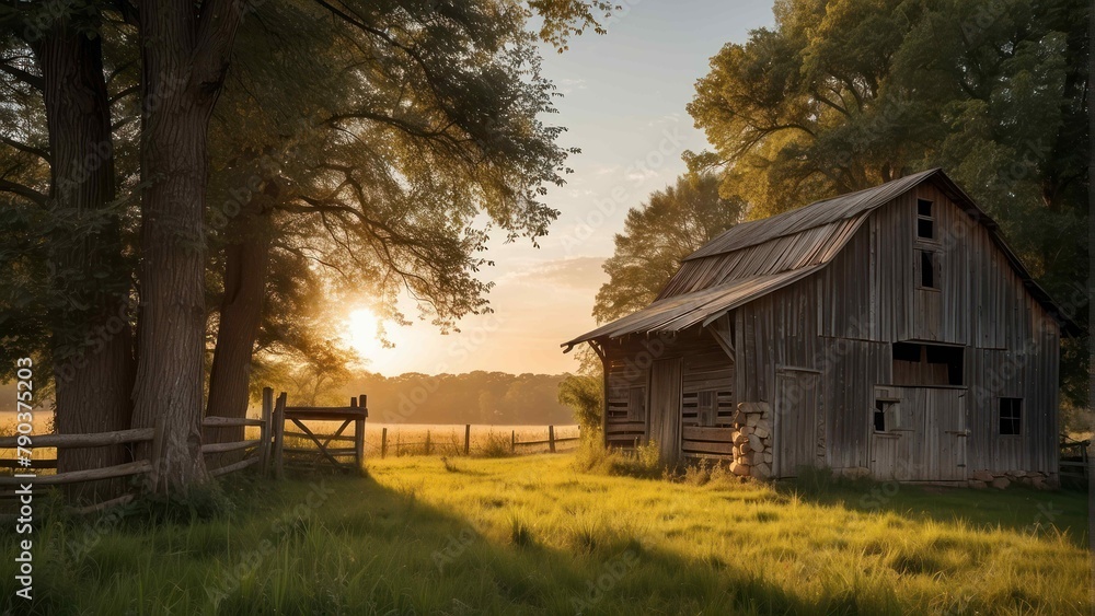 Obraz premium Rustic barn in golden hour countryside
