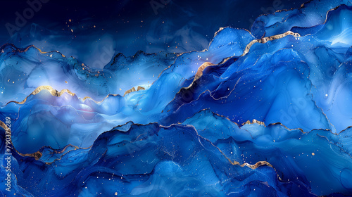 Starry Sapphire Tide: Cosmic-Inspired Abstract Acrylic Painting with Luminous Gold Veining - A Mystical Backdrop for Creative Spaces