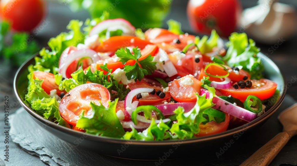 A bowl of a salad with tomatoes, onions and other vegetables, AI A bowl of a salad with tomatoes, onions and other vegetables, AI