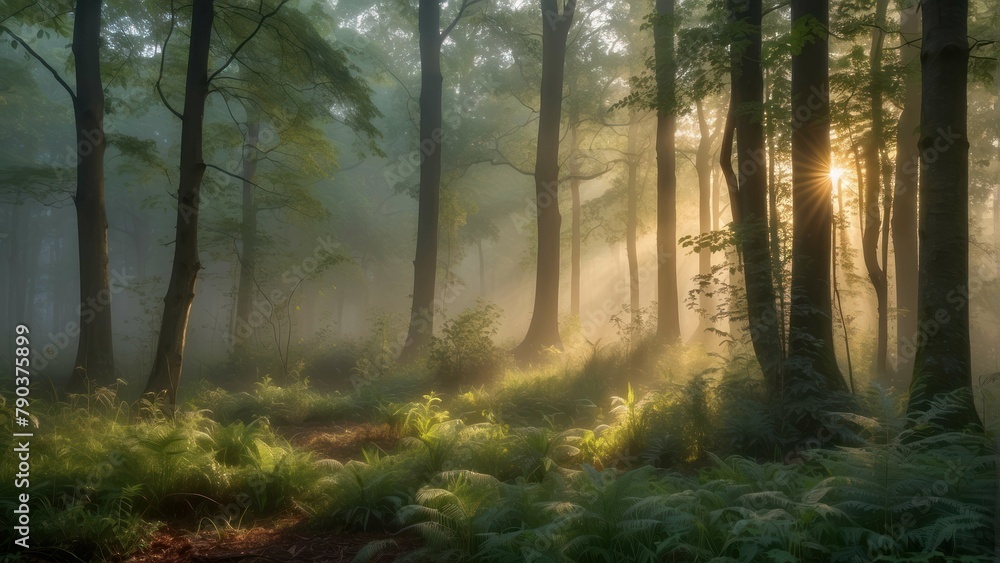 Misty sunrise light shining through forest trees Misty sunrise light shining through forest trees