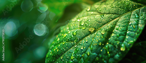 Raindrops on a macro green leaf texture photo