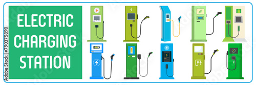 Electric vehicle charging station icons set. Electric charging station Vector illustration. Green energy