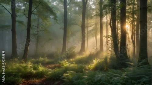 Misty sunrise light shining through forest trees