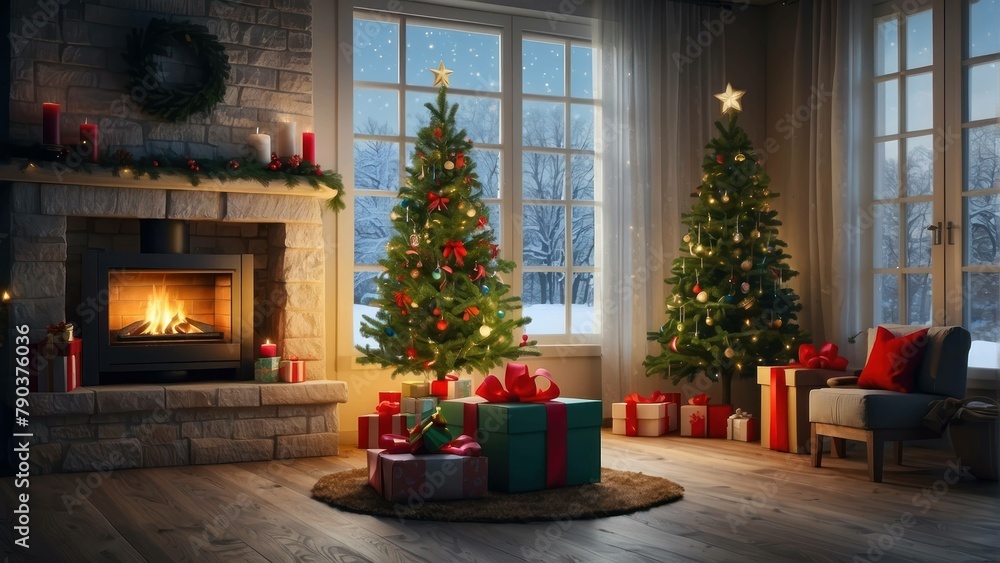 Cozy Christmas setting with tree, presents, and a lit fireplace Cozy Christmas setting with tree, presents, and a lit fireplace