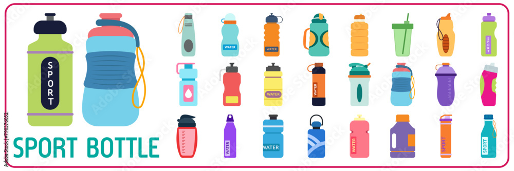 Sports bottle hydro flask water set. Sport water bottle vector illustration colorful - obrazy, fototapety, plakaty 