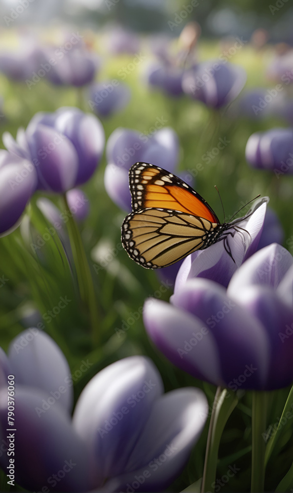 Naklejka premium a forest glade dotted with flowers, butterflies flying, the sun's rays