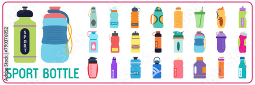 Sports bottle hydro flask water set. Sport water bottle vector illustration colorful