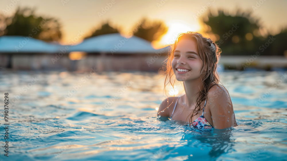 プールで泳ぐ水着を着た笑顔の女性
