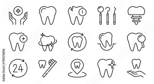 Dental line icons set. Teeth, tooth, care, medical, oral cavity, hygiene, dentist, health, sign, symbol. Isolated on a white background. Pixel perfect. Editable stroke. 64x64.