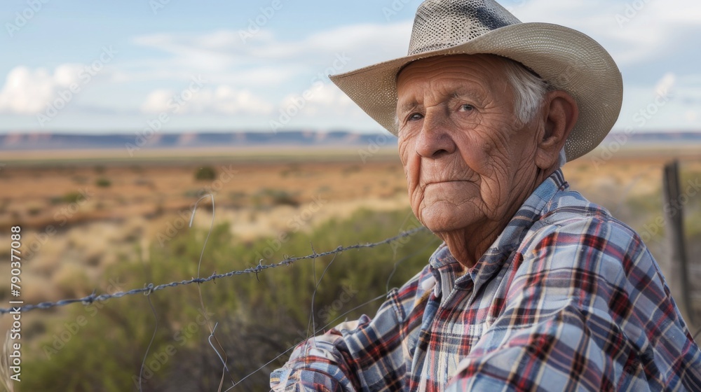 An older man wearing a hat and plaid shirt sitting on the side of a fence, AI