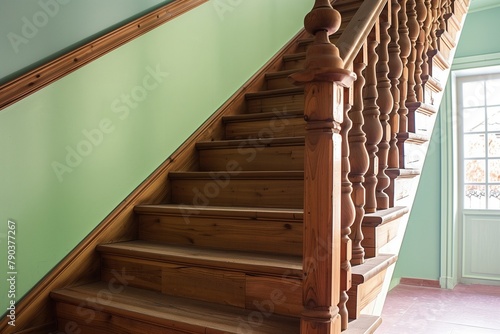 Stately Ash Wood Staircase in a Gentle Mint Green Art Gallery, Ideal for Real Estate Marketing and Interior Design Brochures,