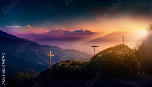 The Christianity themed on a background with dramatic at dawn, the spirit of preaching the Gospel throughout the world. A beautiful sea of ​​clouds, dark clouds and sky and sunbeams