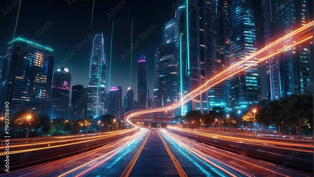 Obraz premium Futuristic city at night with vibrant neon lights and traffic