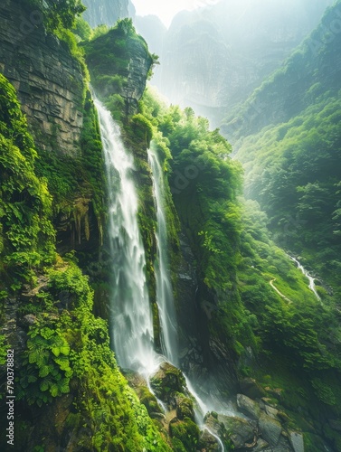 Serene misty waterfall in lush mountain terrain - This image captures the beauty and tranquility of a mist-shrouded waterfall nestled in the heart of a verdant mountain landscape © Tida
