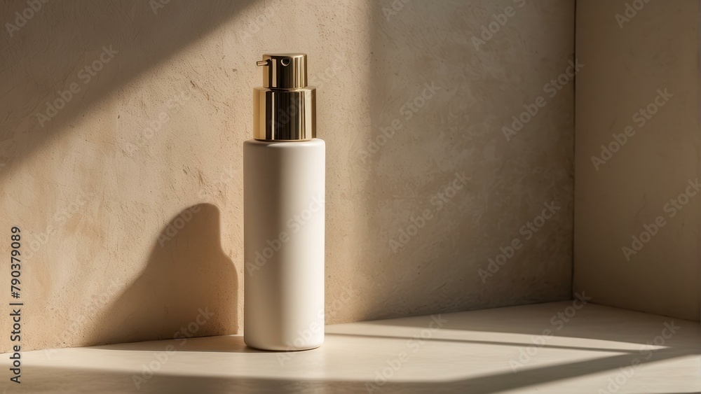 Elegant White Cosmetic Bottle on Chic Beige Background Elegant White Cosmetic Bottle on Chic Beige Background