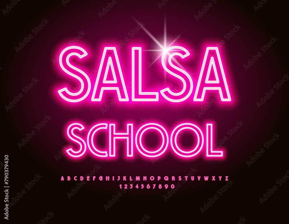 Fototapeta premium Vector stylish logo Salsa School. Pink Neon Alphabet Letters and Numbers set. Elegant illuminated Font.