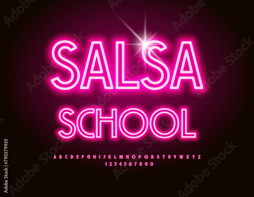 Vector stylish logo Salsa School. Pink Neon Alphabet Letters and Numbers set. Elegant illuminated Font.
