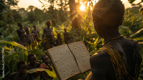 notebook, analyzing the unique dialect of a secluded tribe hidden within dense jungle, ancient traditions shaping their language, realistic, golden hour, Vignette photo