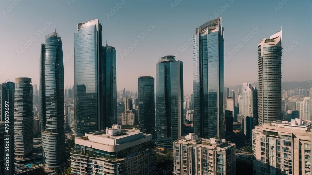 Skyline of a modern city with skyscrapers on a clear day