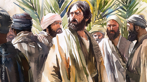 Jesus enters Jerusalem bible new testament people palm leaves watercolor photo
