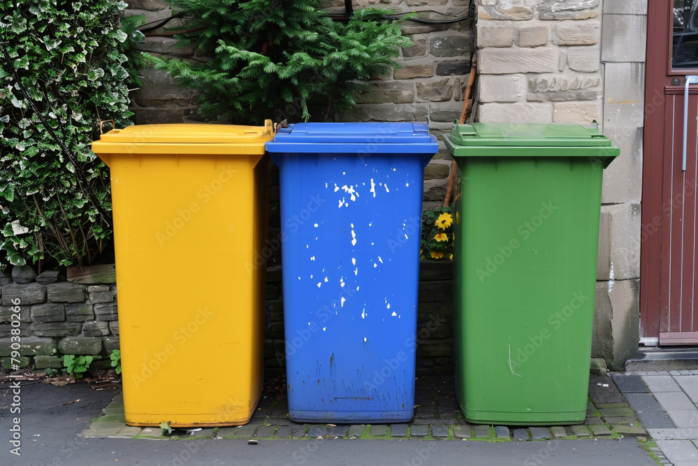Recycling bins. Colorful trash cans in a row in the city. Recycling concept.
Recycling bins. Colorful trash cans in a row in the city. Recycling concept.
