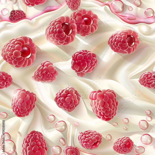 Seamless dessert banner with raspberries in cream with splashes