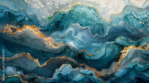 A surreal symphony of abstract watercolor waves, infused with the gleam of gradient gold glitter, and the organic texture of liquid fluid grunge, sparkling like champagne in the moonlight.  photo