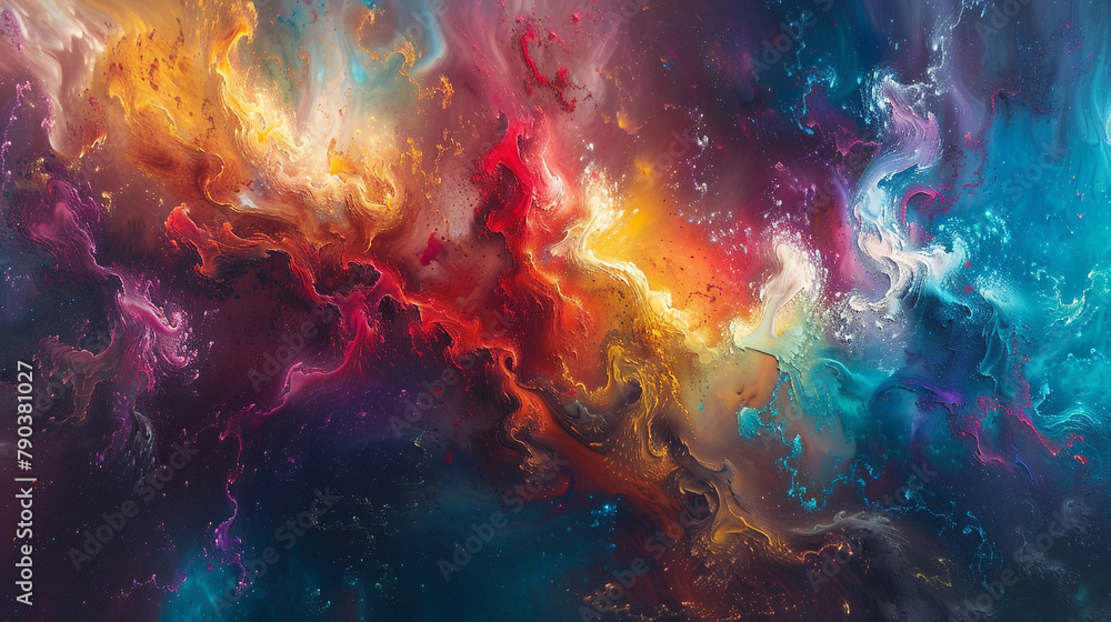 An explosion of vivid colors colliding in a cosmic dance of chaos and harmony, creating a symphony of visual delights. 