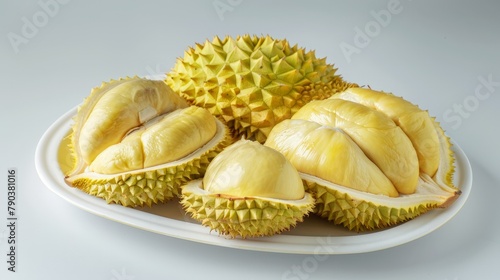 Three durian pieces on plate photo