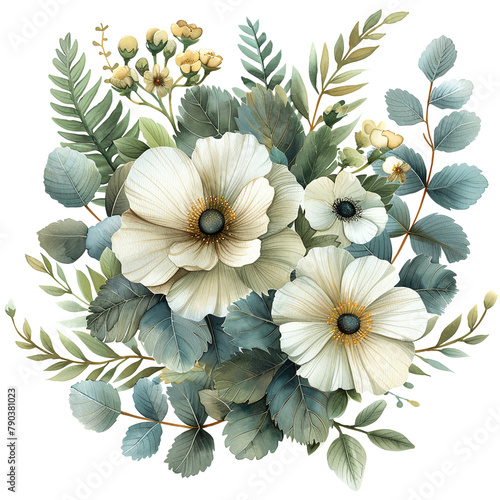 watercolor painting style of a wedding bouquet with white flowers and eucalypthus leaves isolated against transparent background