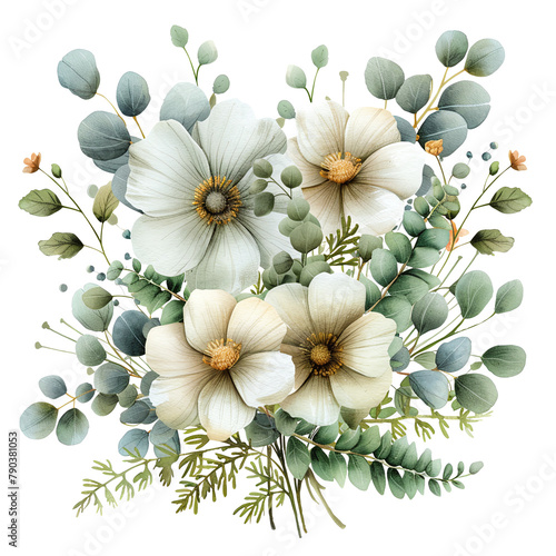 watercolor painting style of a wedding bouquet with white flowers and eucalypthus leaves isolated against transparent background