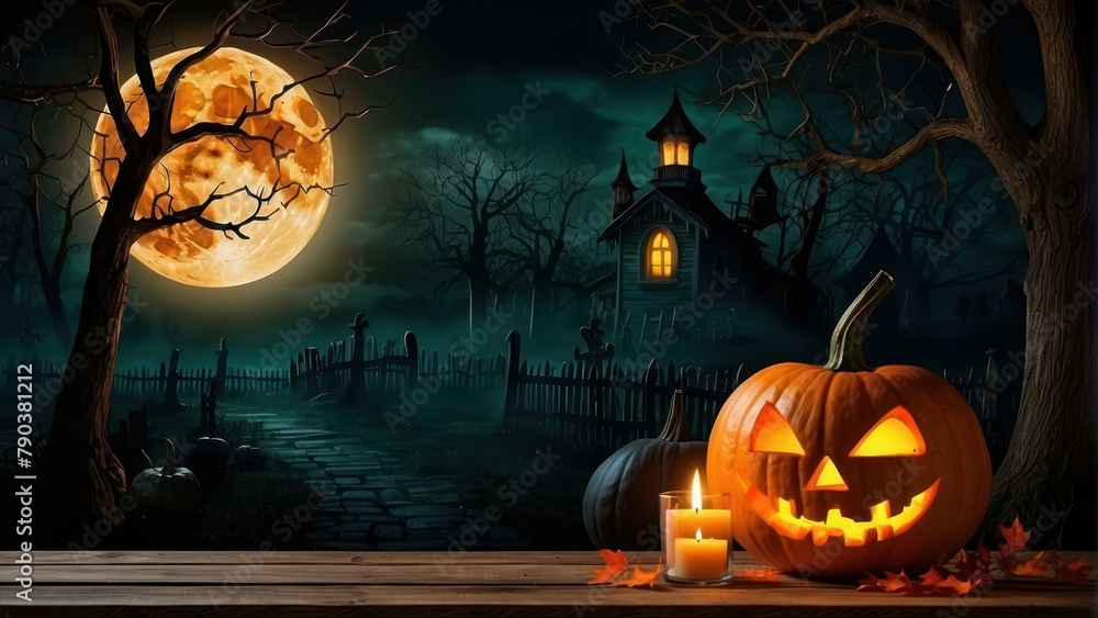 Spooky Halloween scene with jack o lanterns and haunted house Spooky Halloween scene with jack o lanterns and haunted house