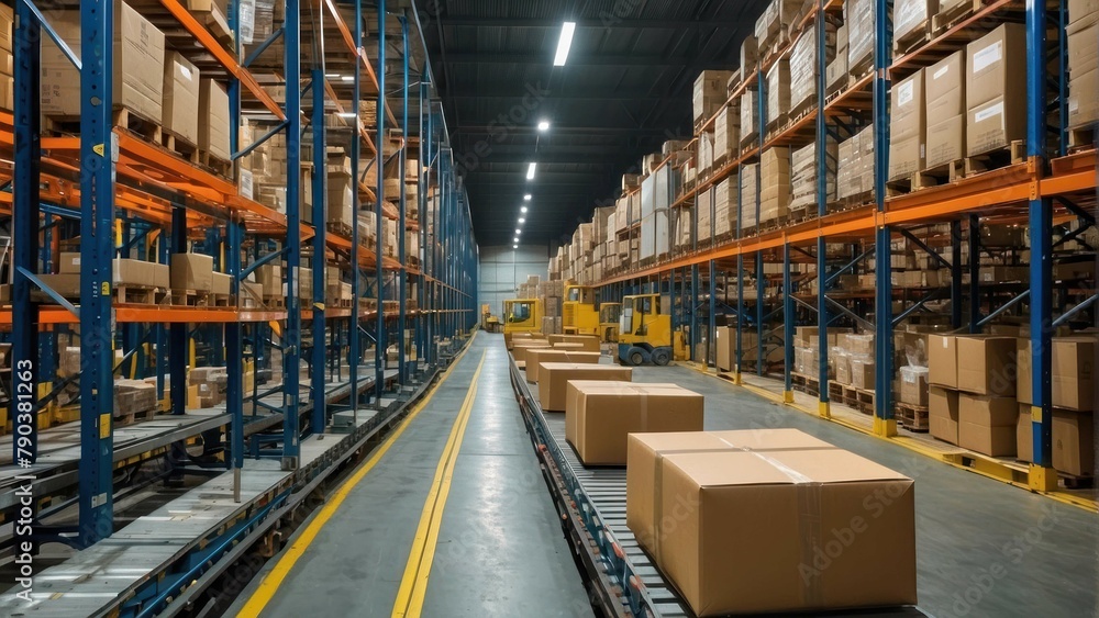 Conveyor system and packages inside a large warehouse